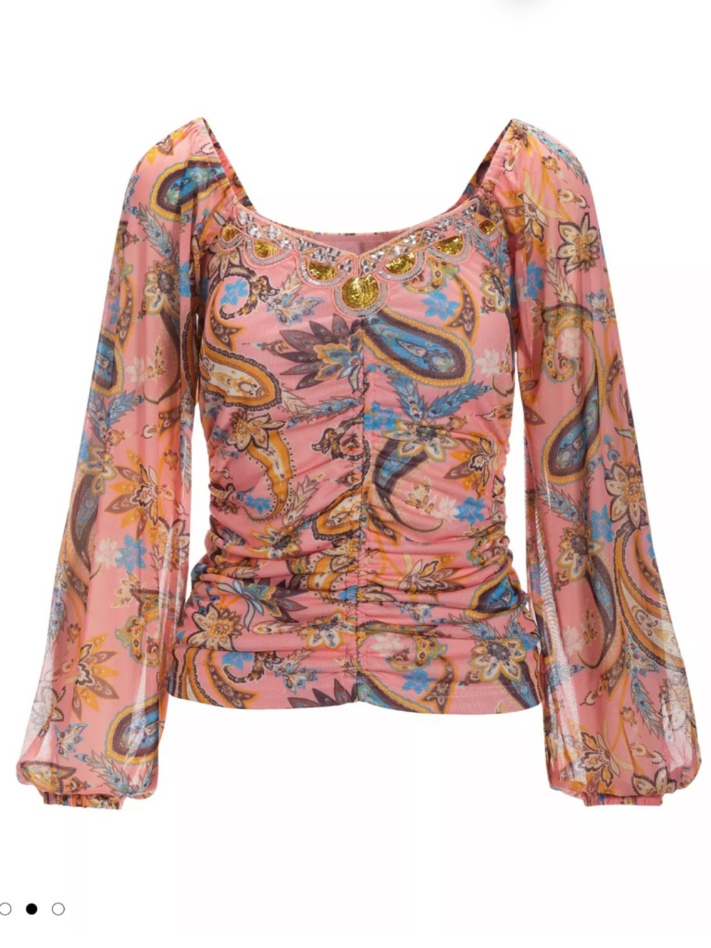 Boston Proper pink Paisley Mesh Embellished Ruched Top size small